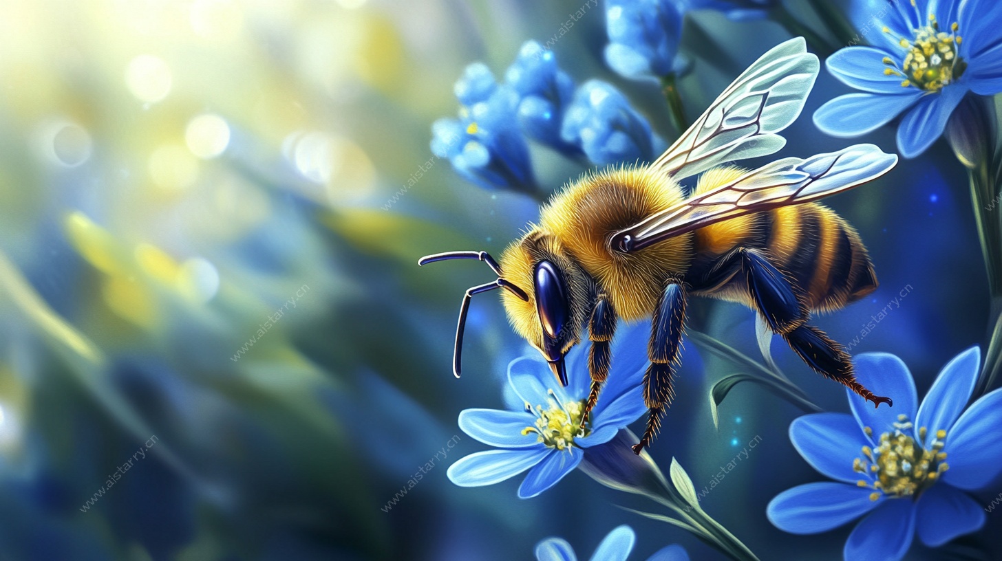 蜜蜂采蜜于蓝花间的梦幻图景