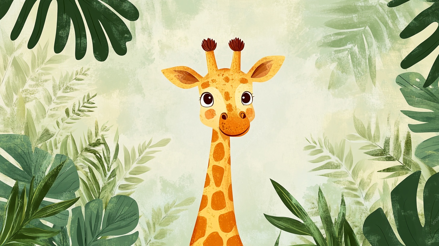 可爱长颈鹿置身绿植间