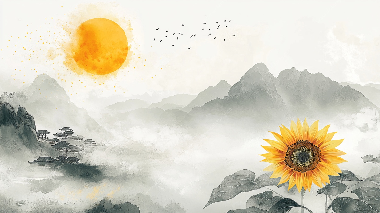 水墨山水间的向日葵绽放