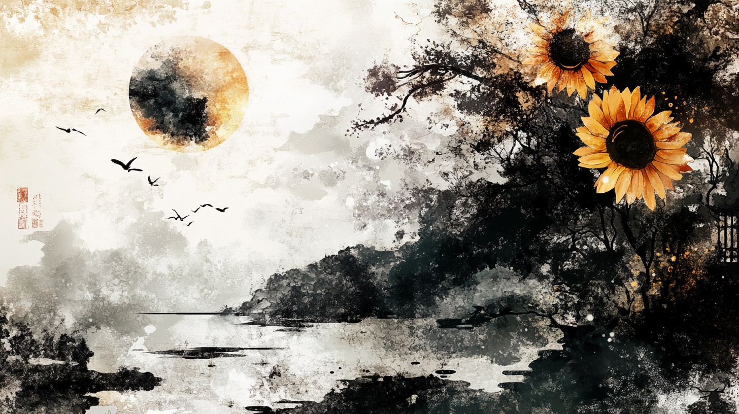 水墨风向日葵月夜图