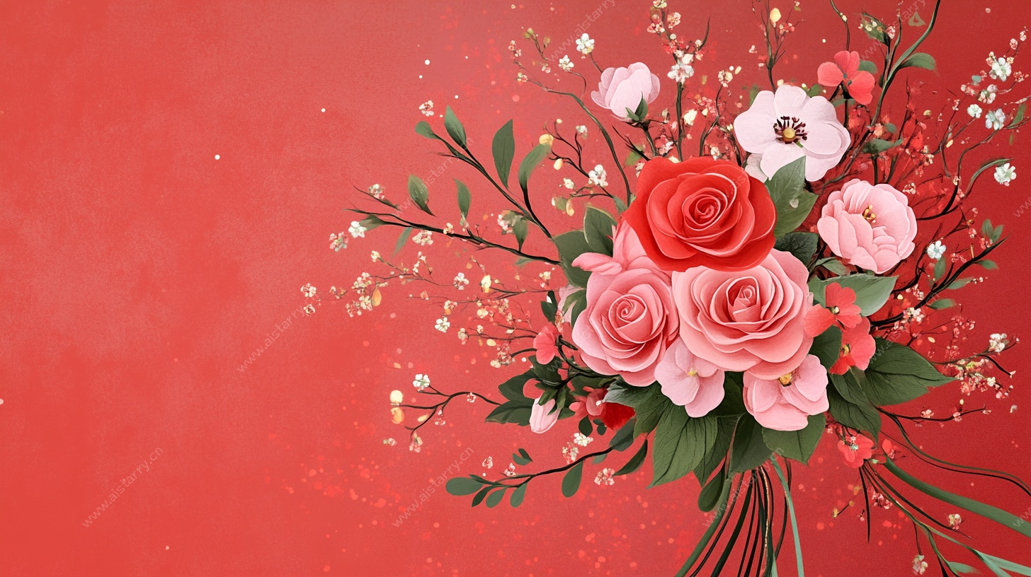 红底浪漫花卉插花图