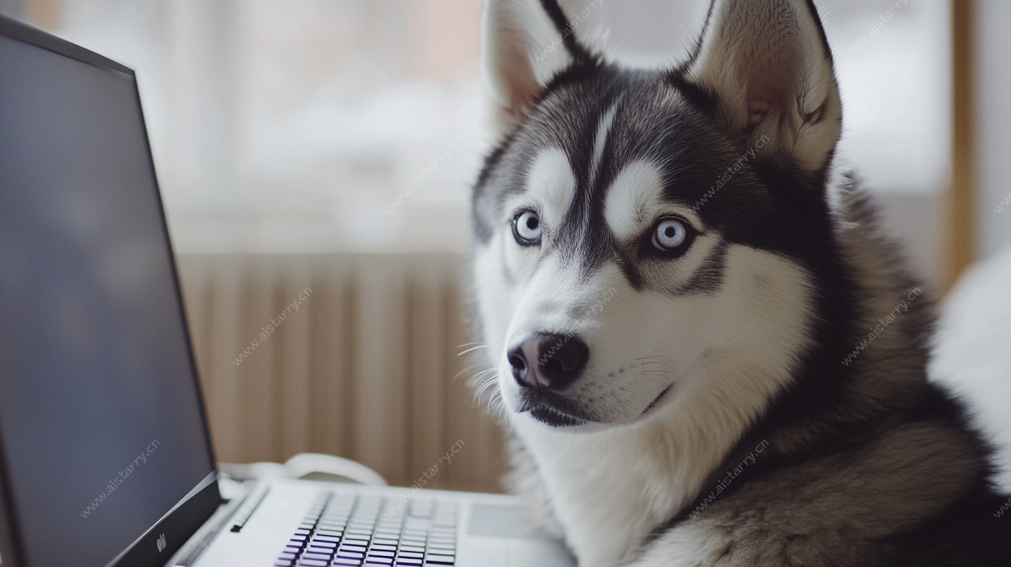 哈士奇专注看电脑瞬间