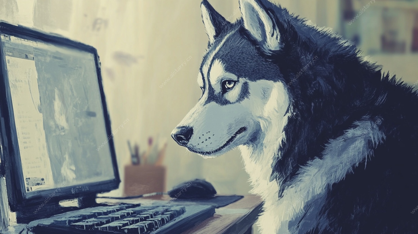 哈士奇专注看电脑画面