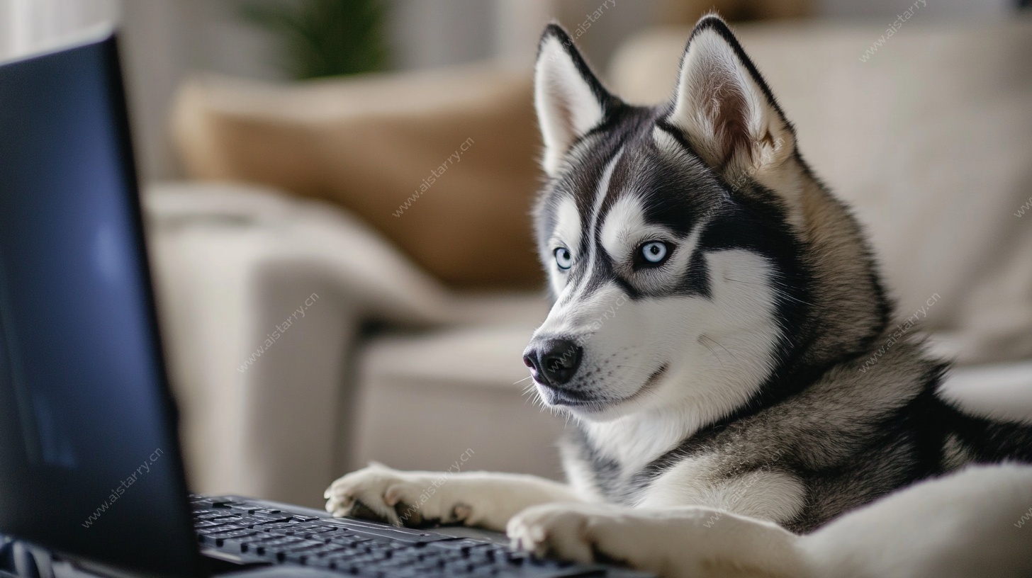 哈士奇专注看电脑瞬间