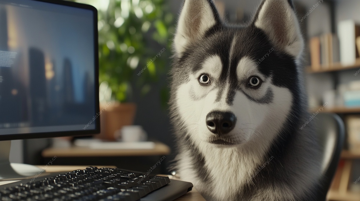 萌哈士奇专注电脑前瞬间