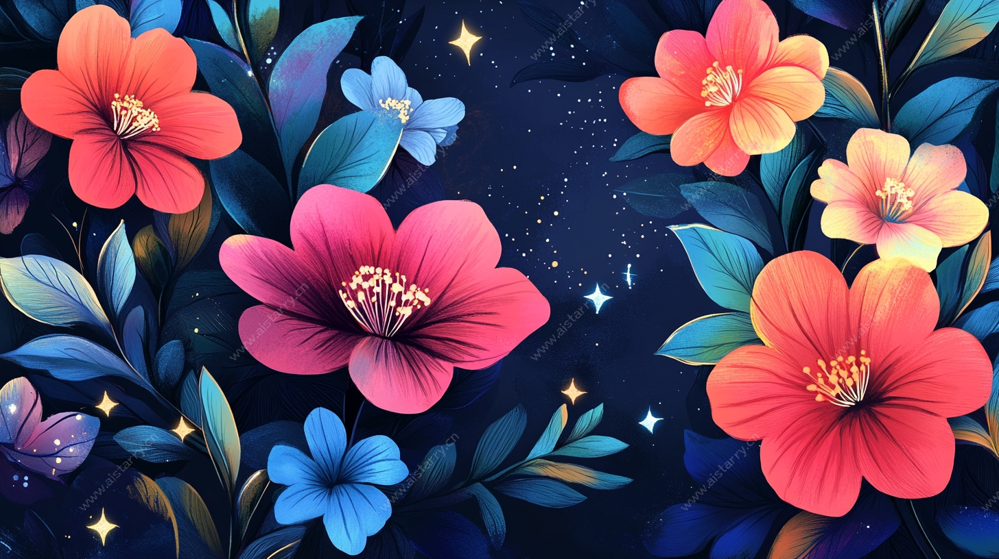 梦幻花卉星空插画