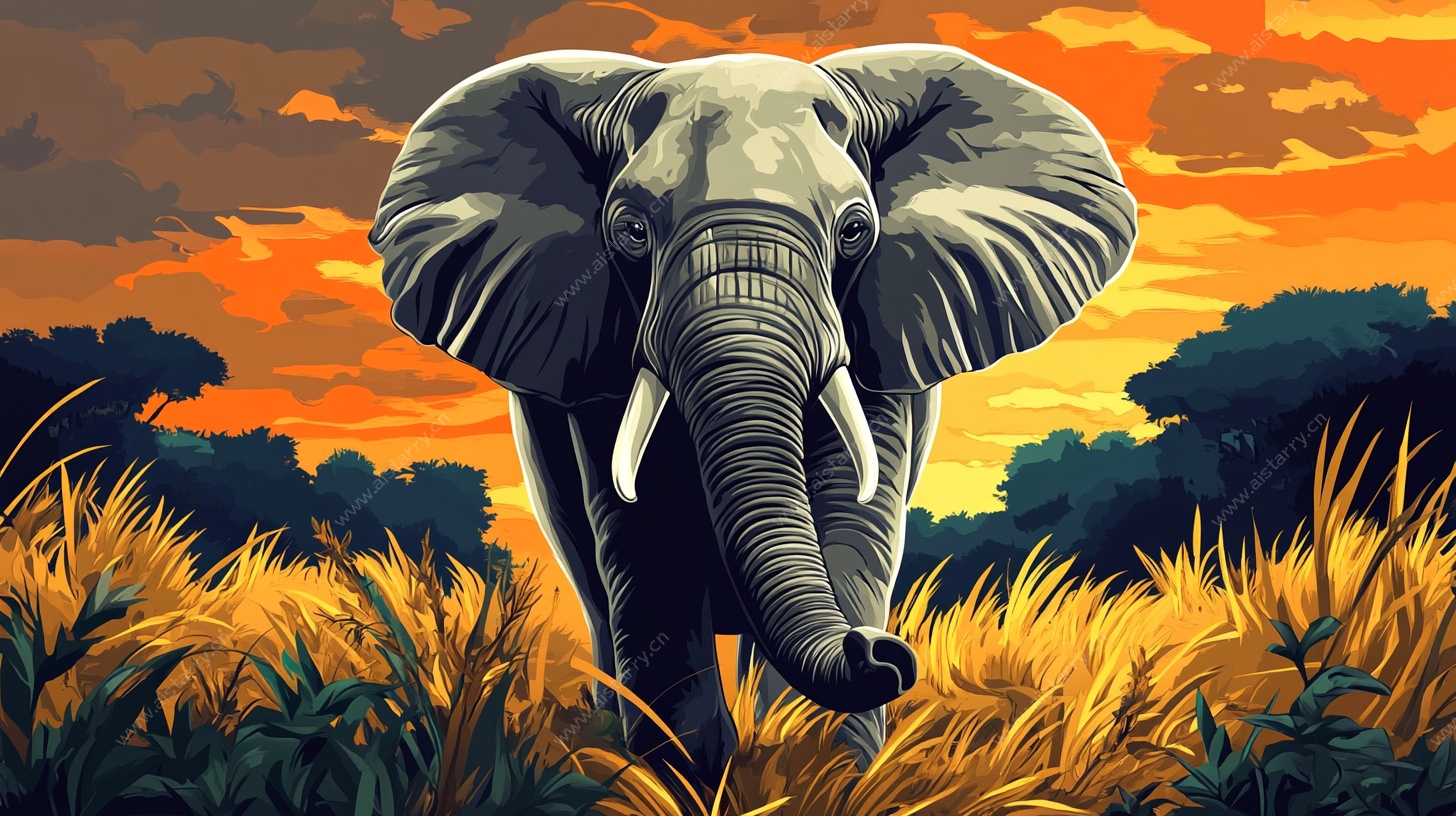 黄昏草原上的大象