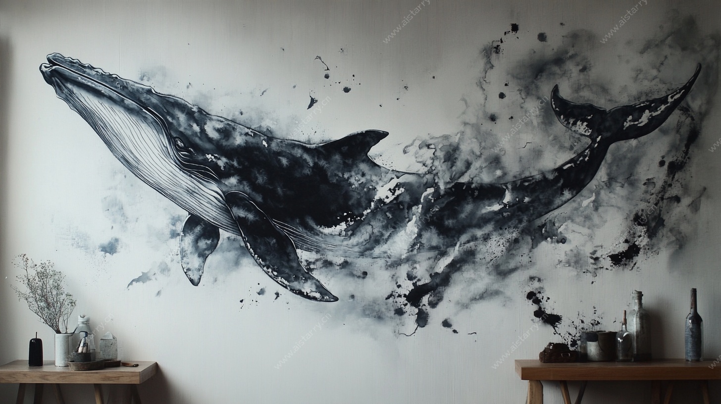 水墨鲸鱼墙绘艺术作品