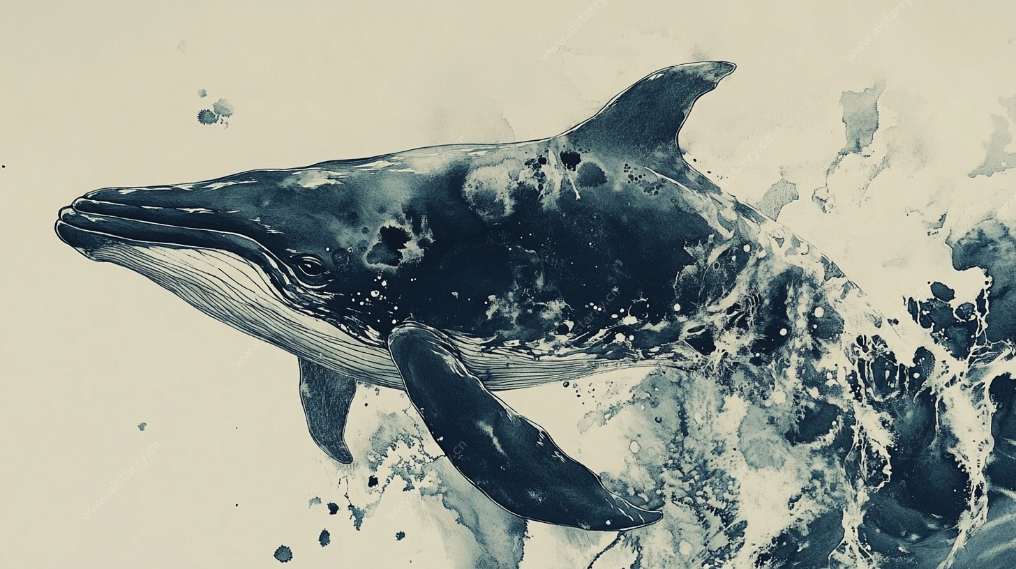 水墨跃动鲸鱼图
