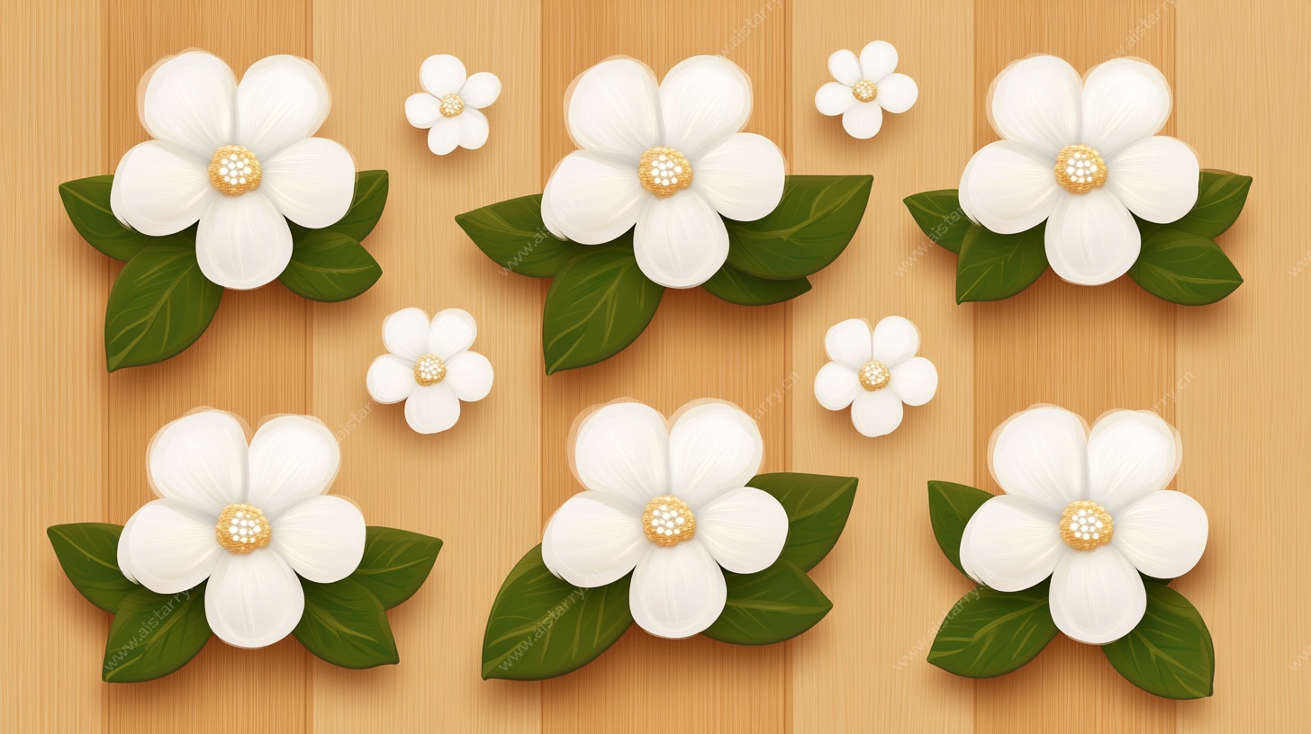 木质背景上的白色花朵图案