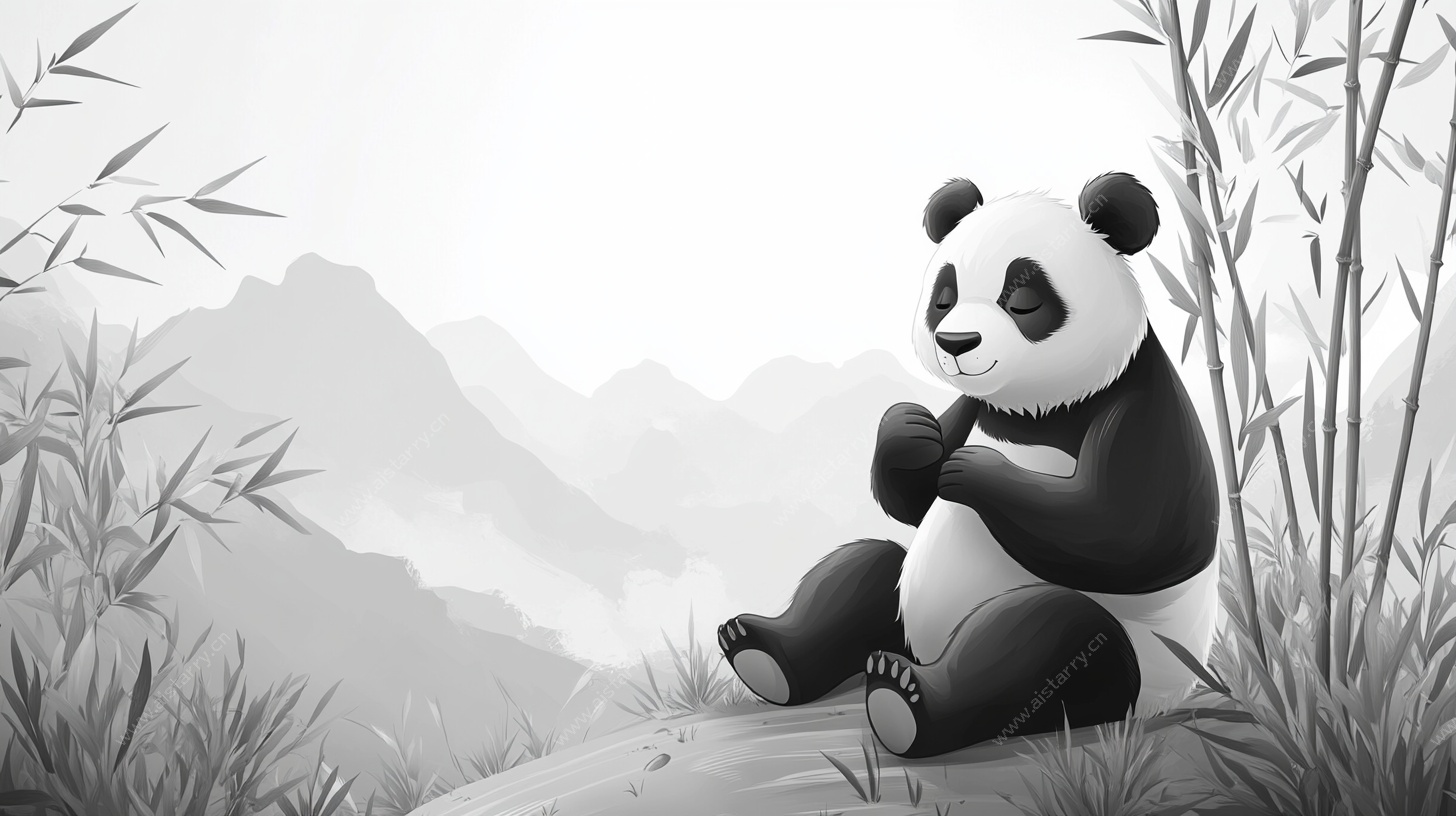 熊猫坐于山林间吃竹子