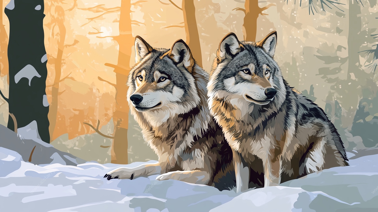 雪地双狼静谧森林图景