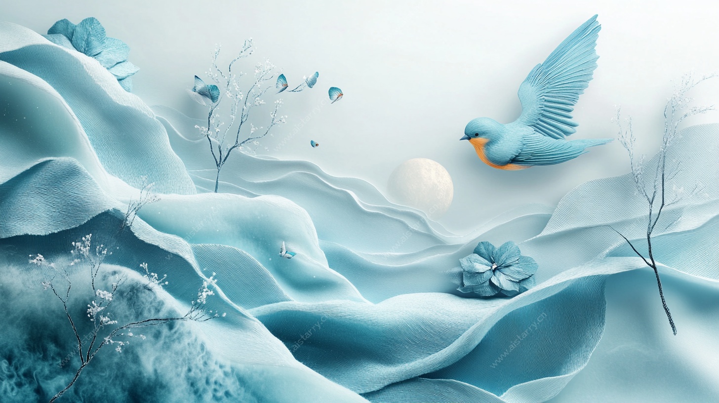 梦幻蓝调飞鸟山水图景