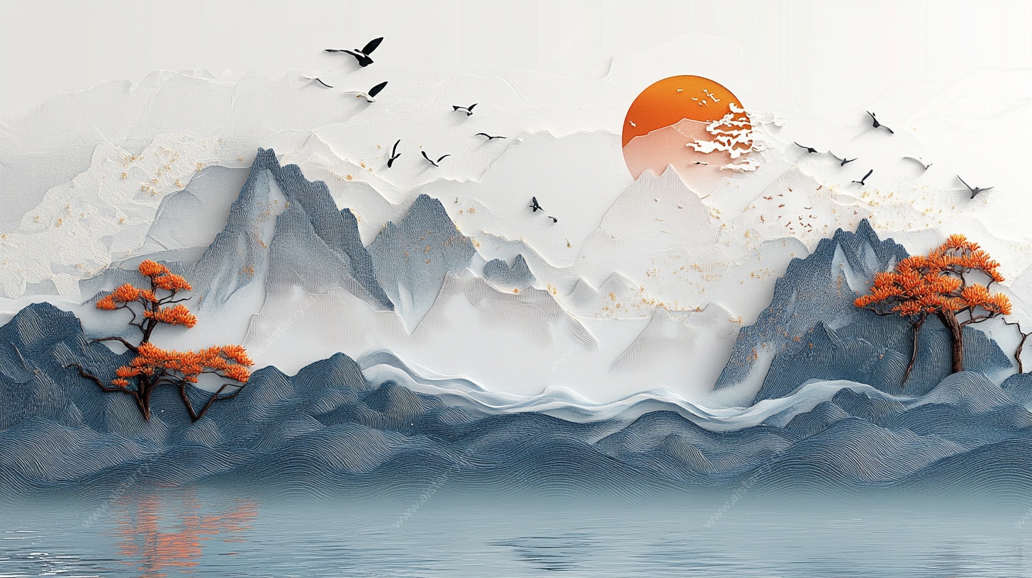 水墨山水旭日飞鸟图