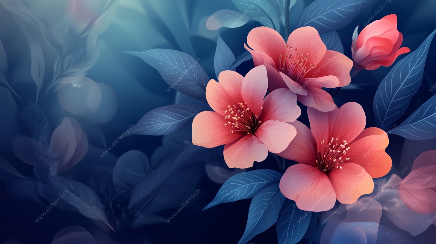 梦幻蓝粉花卉插画