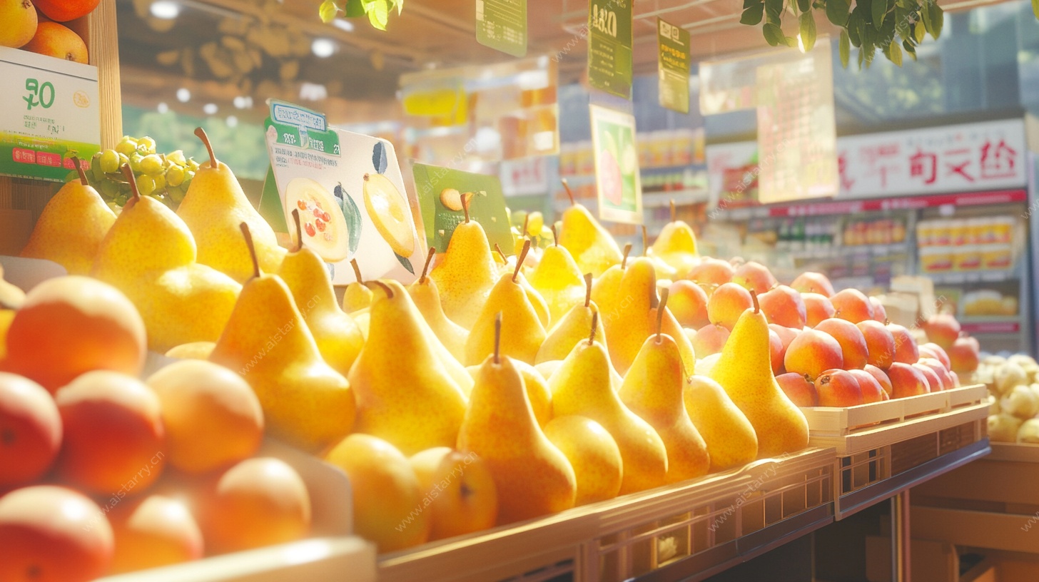 超市里的新鲜梨子陈列
