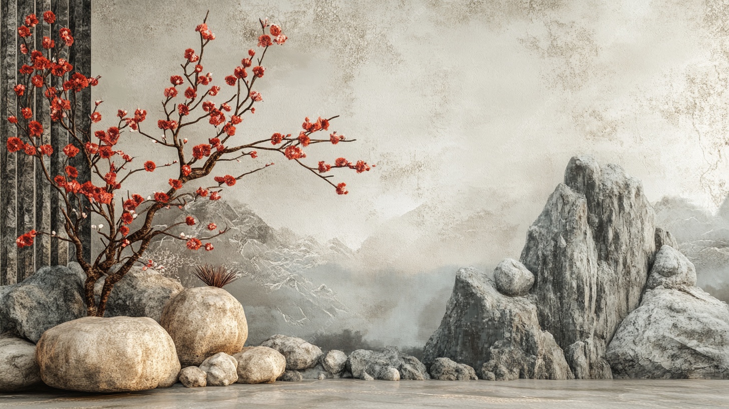 中式水墨风红梅山石景