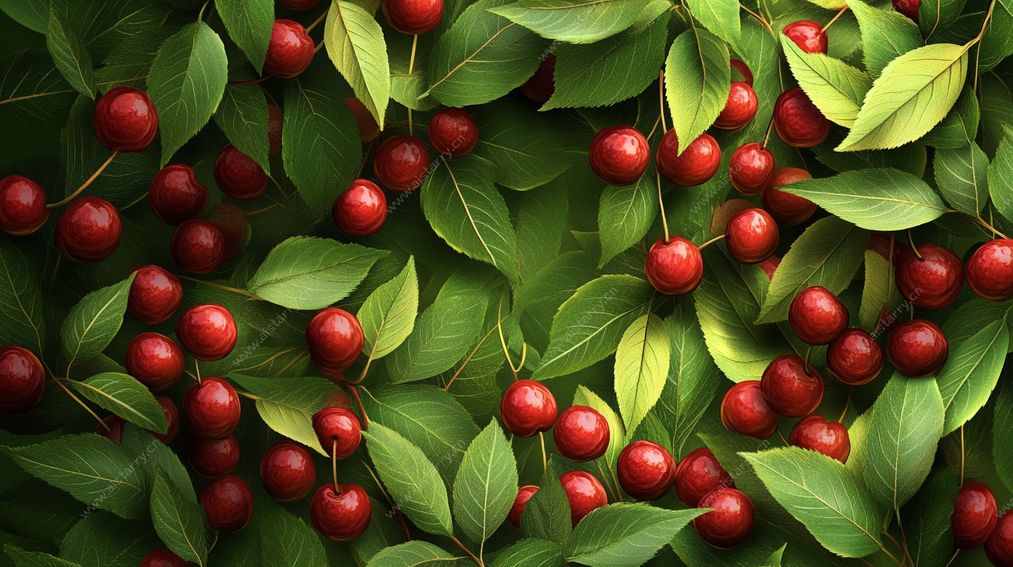 红樱桃绿叶背景图