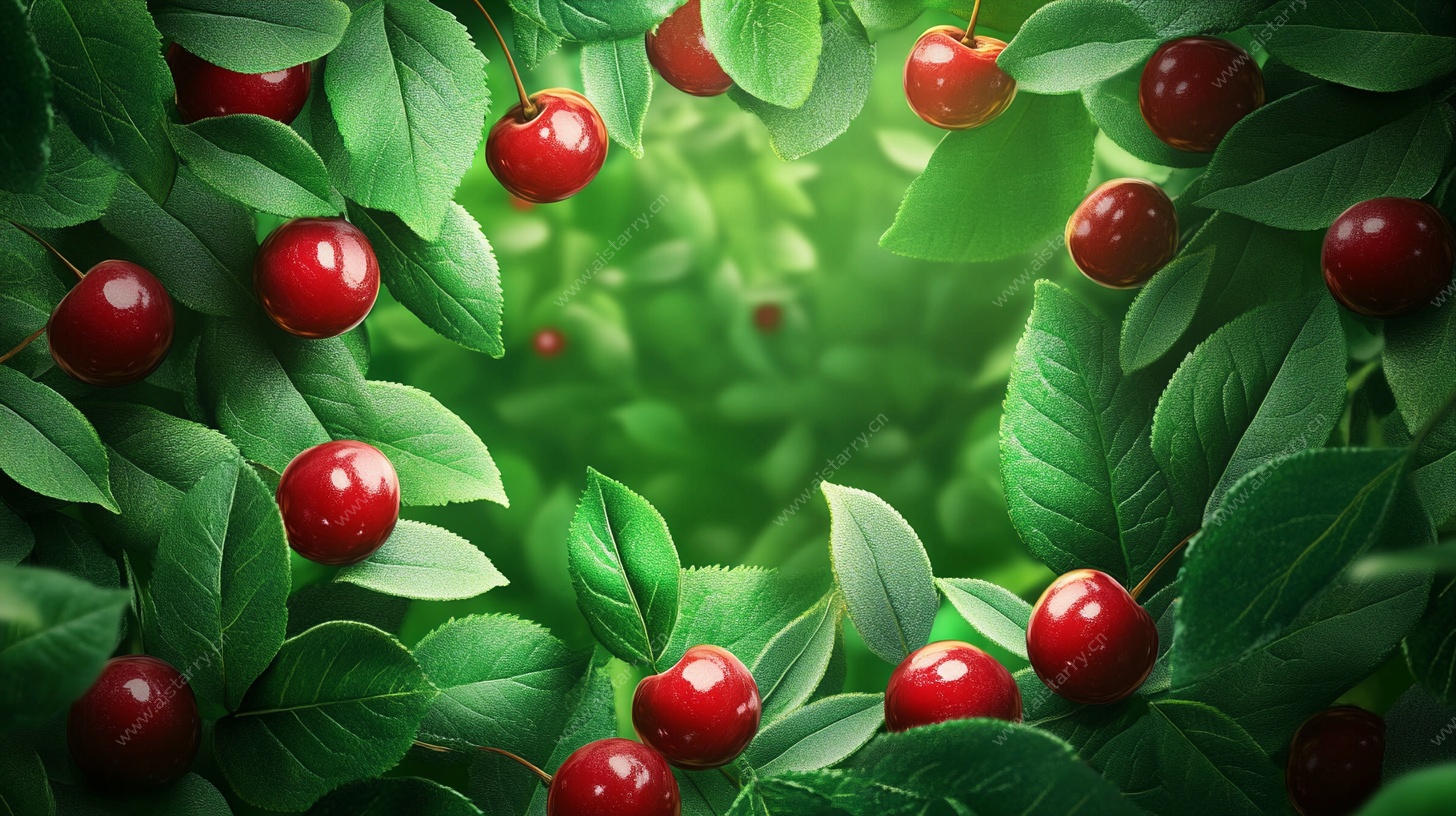 红樱桃与绿叶的清新画面