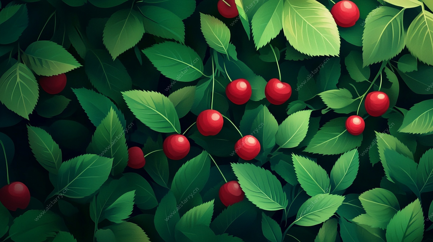 红樱桃与绿叶的清新画面