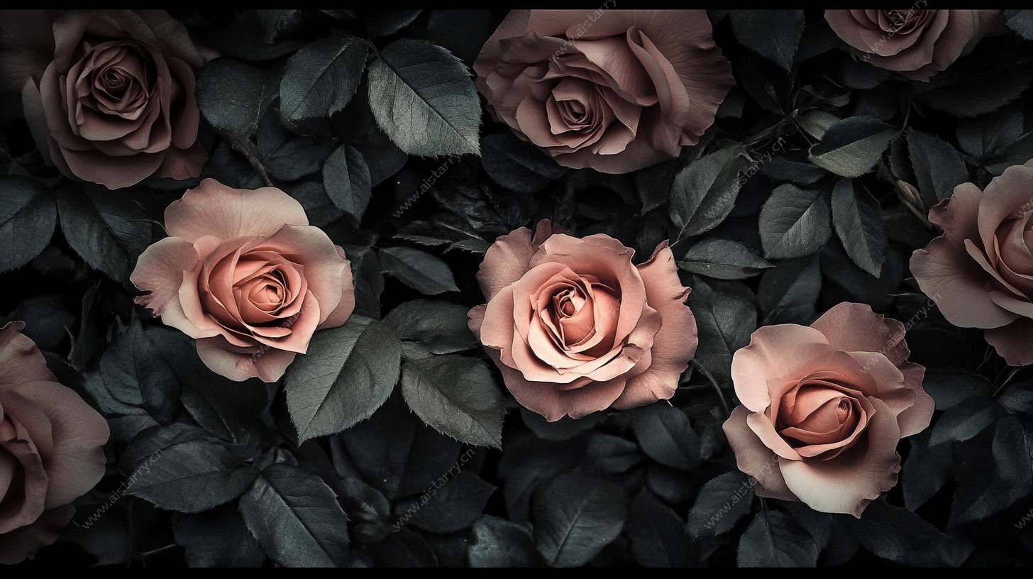 复古粉玫瑰与深绿叶背景