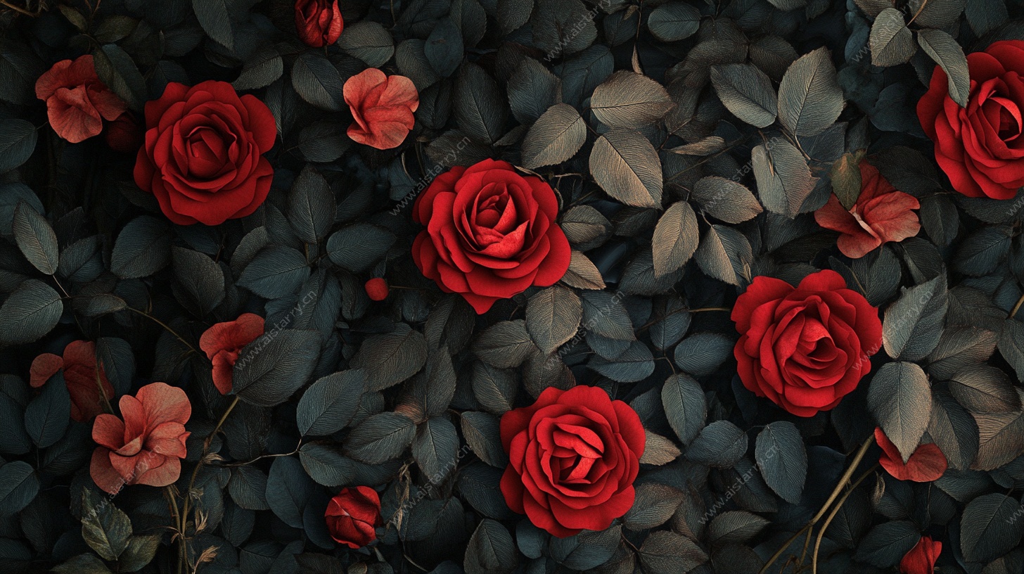 深红玫瑰与绿叶交织画面