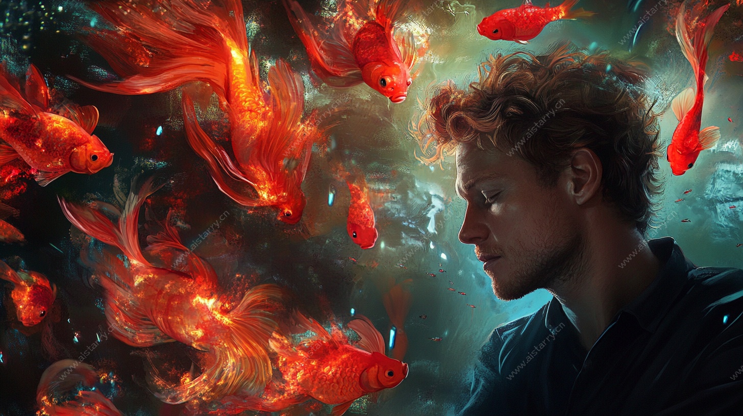 男子与灵动金鱼奇幻画面