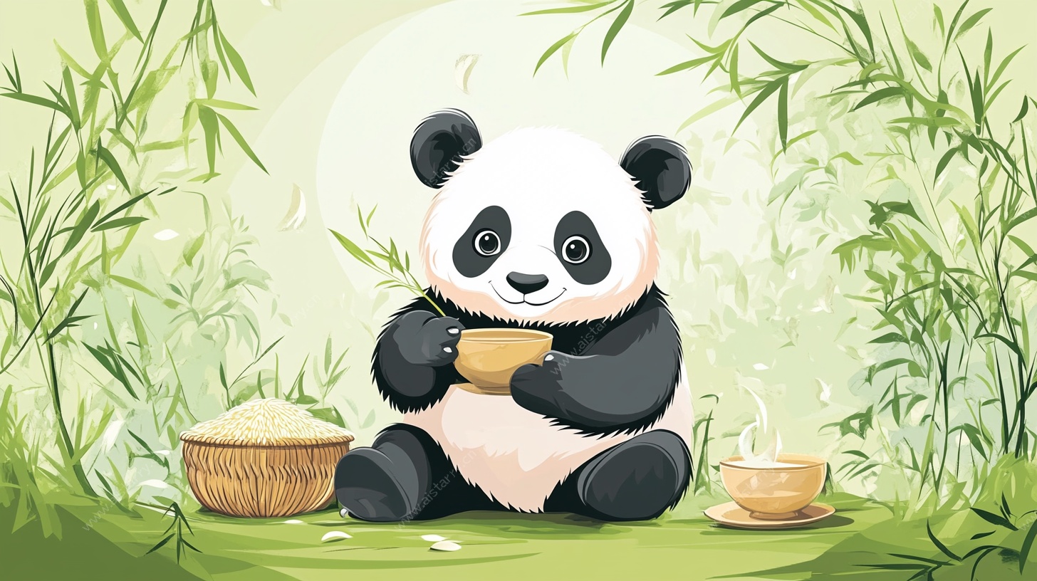 熊猫竹林品茶图