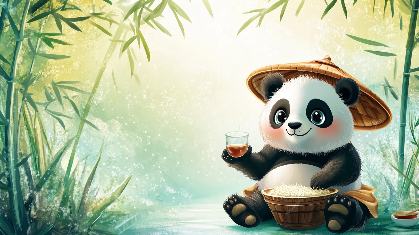 竹林熊猫品茗图