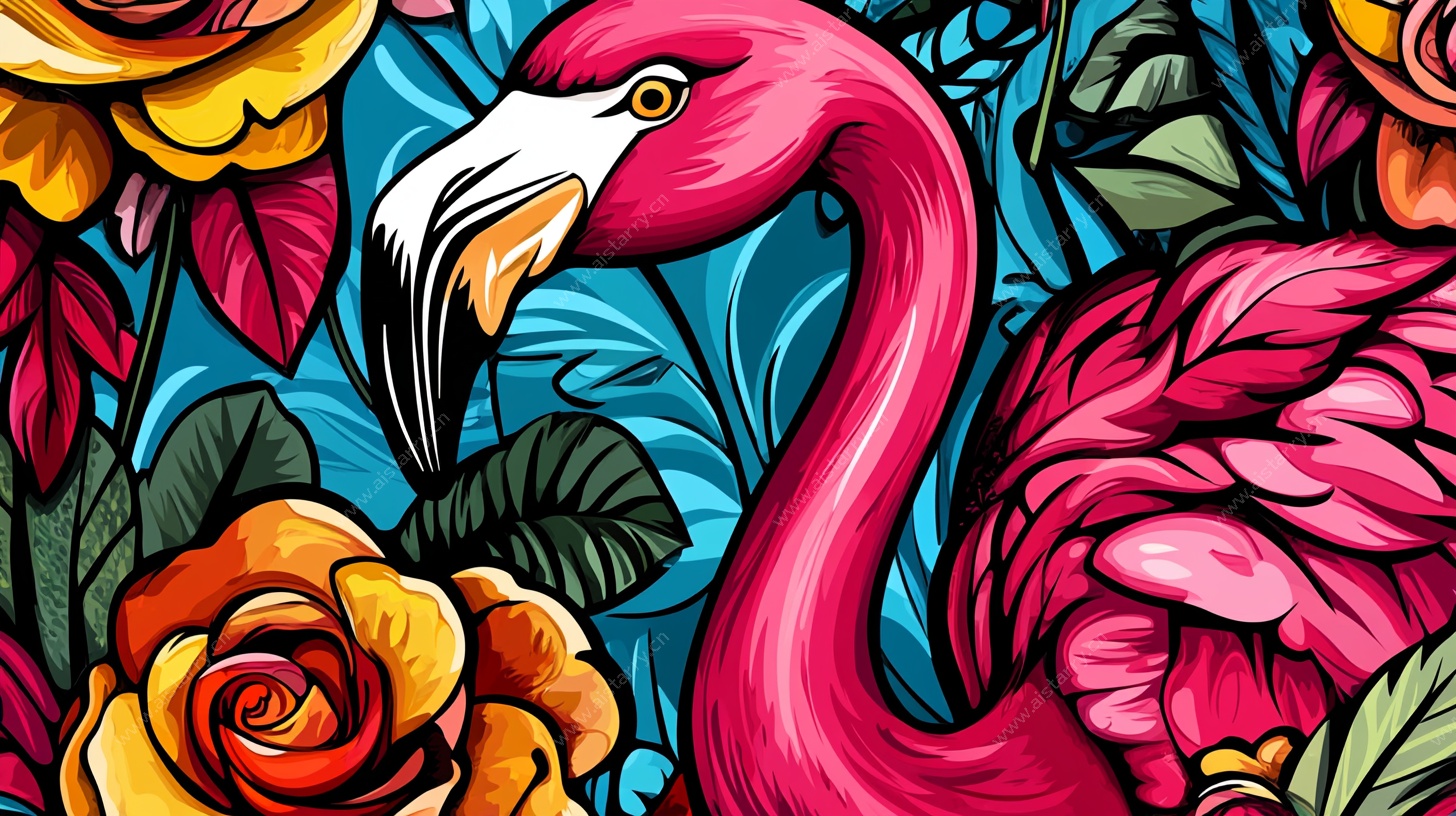 火烈鸟与繁花的绚丽图景