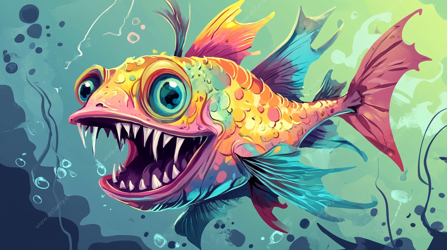 彩色凶猛奇幻鱼插画