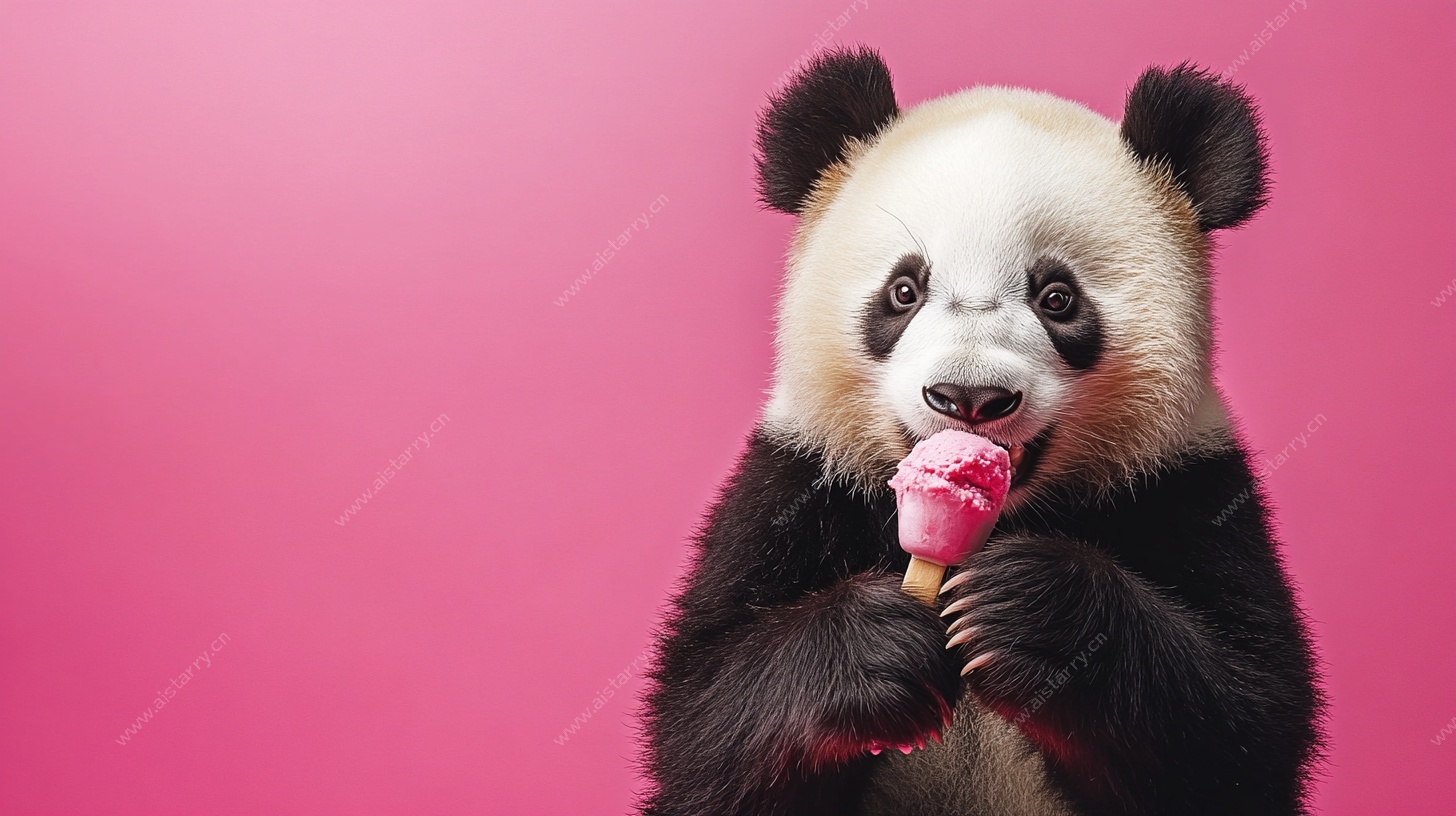 萌熊猫吃粉色冰淇淋