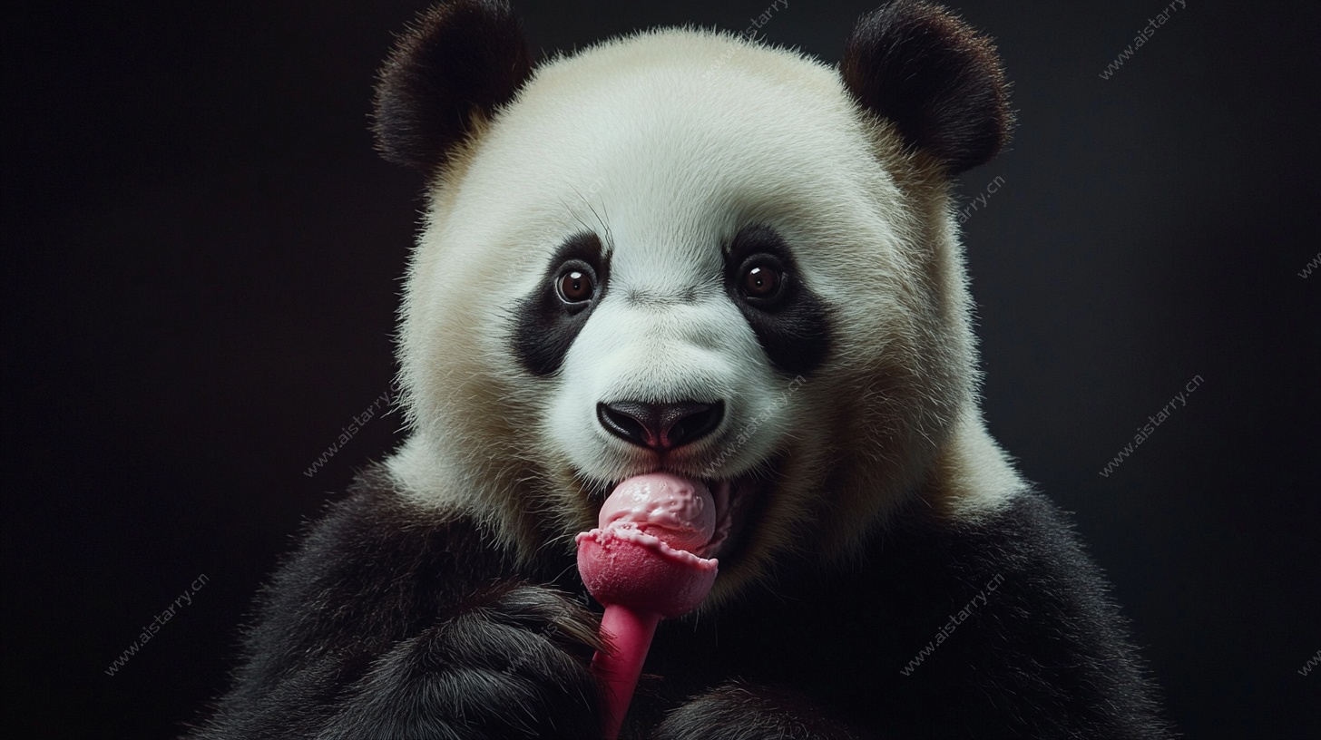 熊猫甜蜜吃棒棒糖瞬间