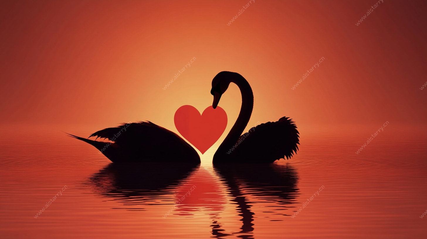 夕阳下的天鹅爱心剪影
