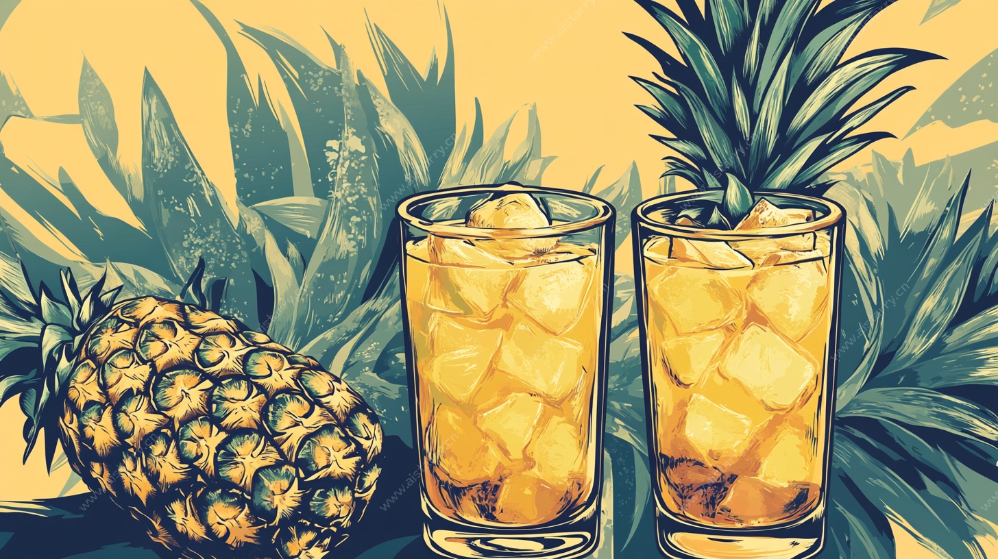 热带风情菠萝冰饮插画