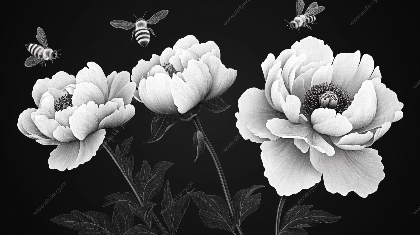 黑白牡丹蜜蜂图