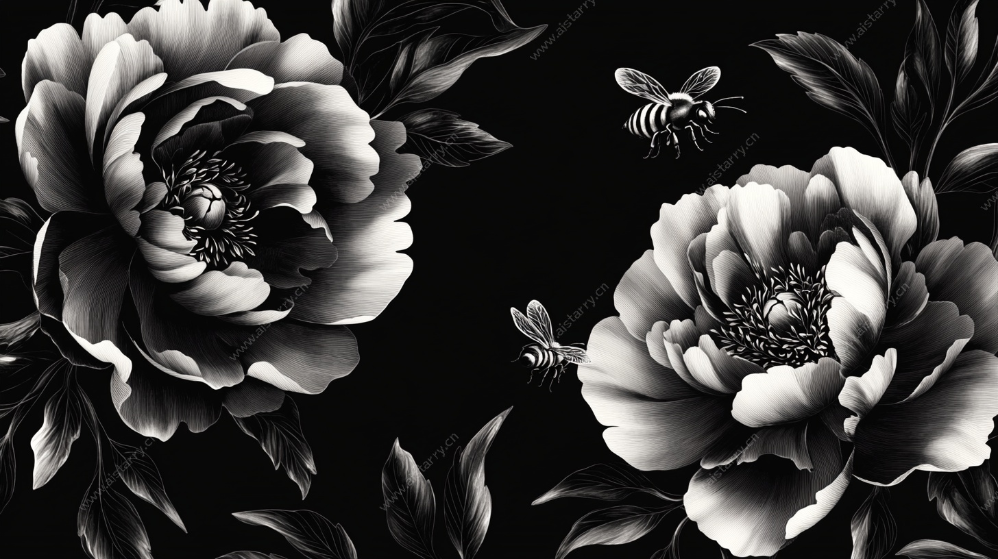 黑白牡丹与蜂的优雅图景