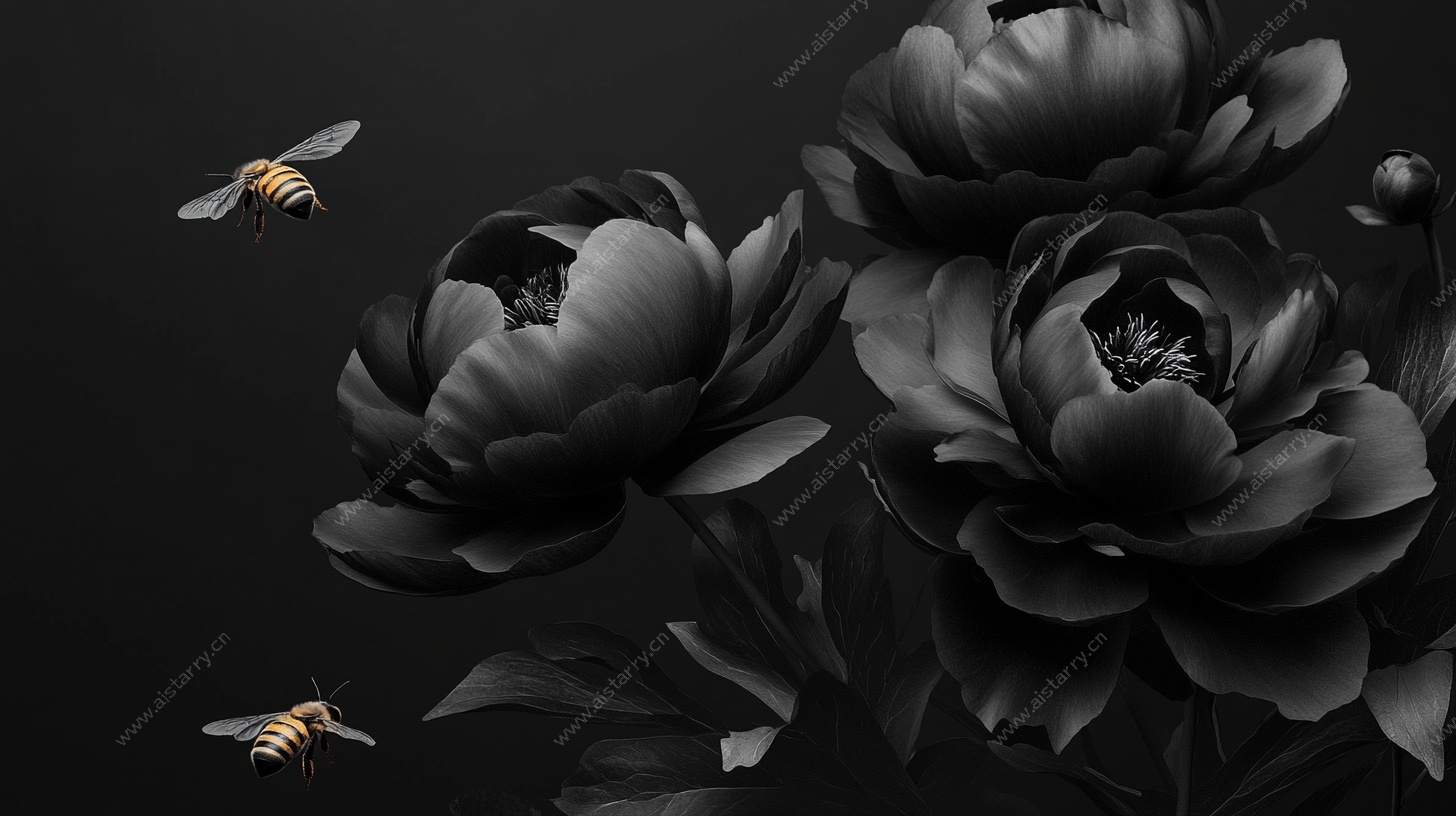 墨色牡丹与蜂的诗意图景
