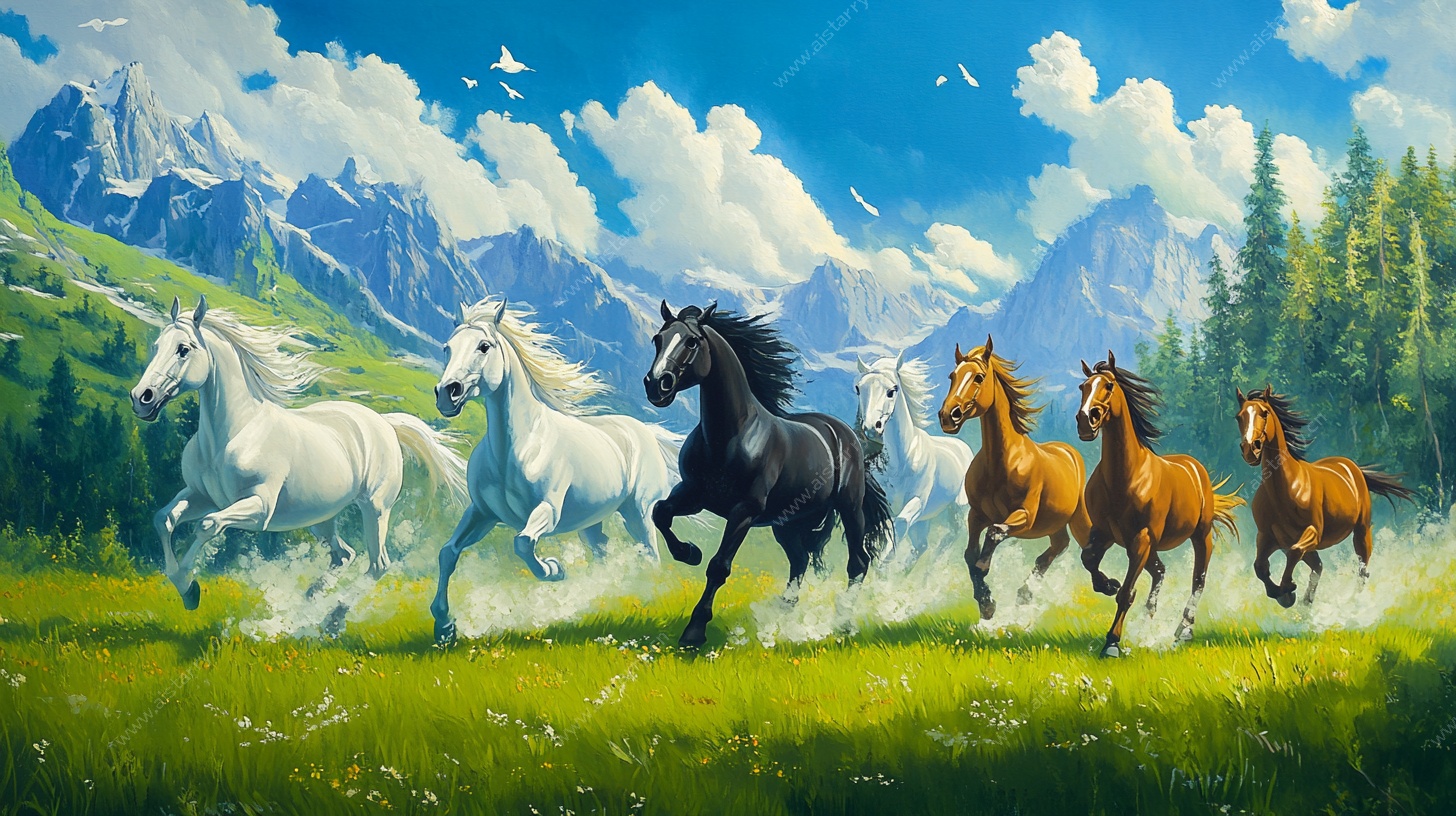 群马奔腾于山间绿野