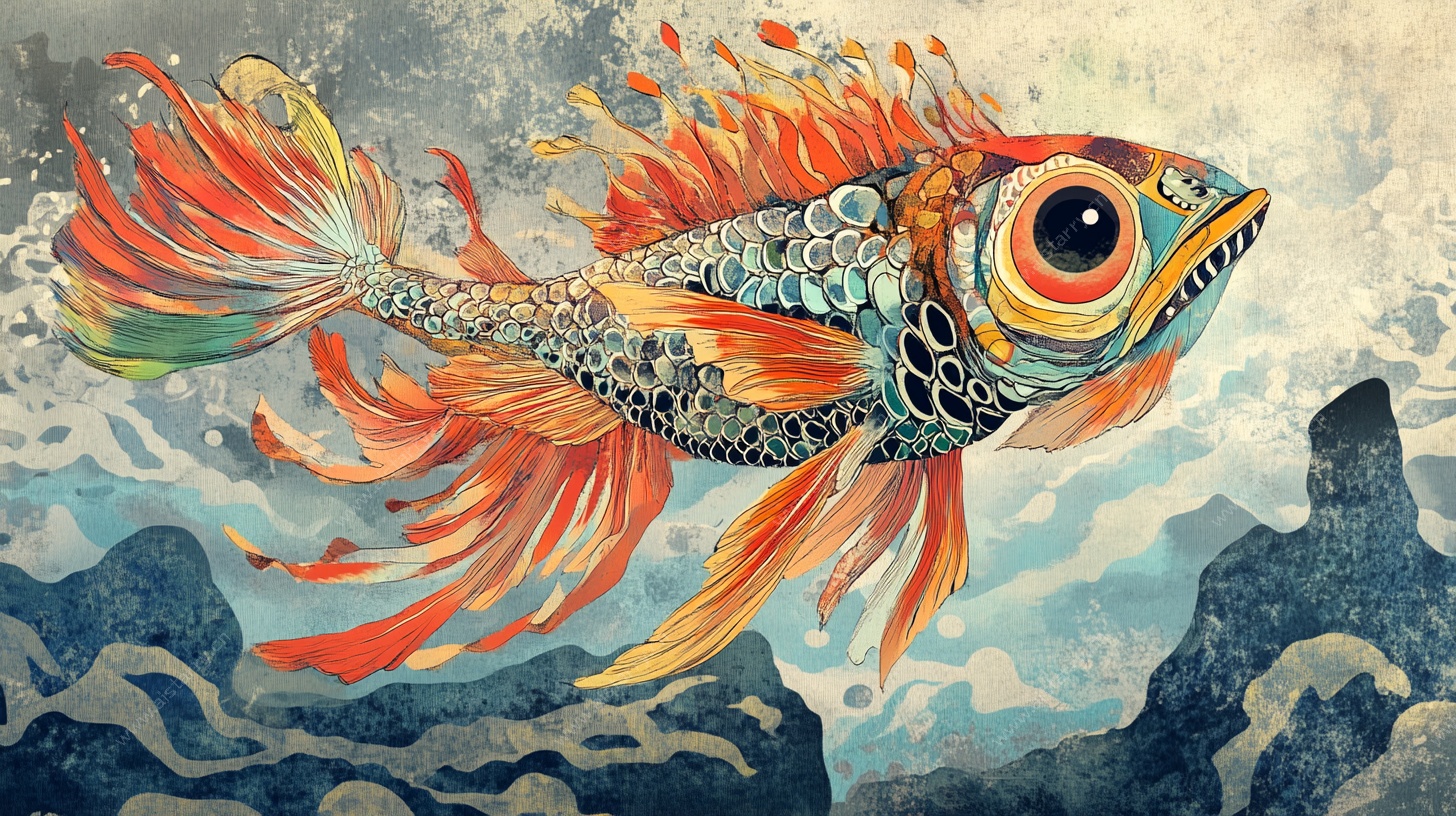 奇幻斑斓鱼在浪中遨游