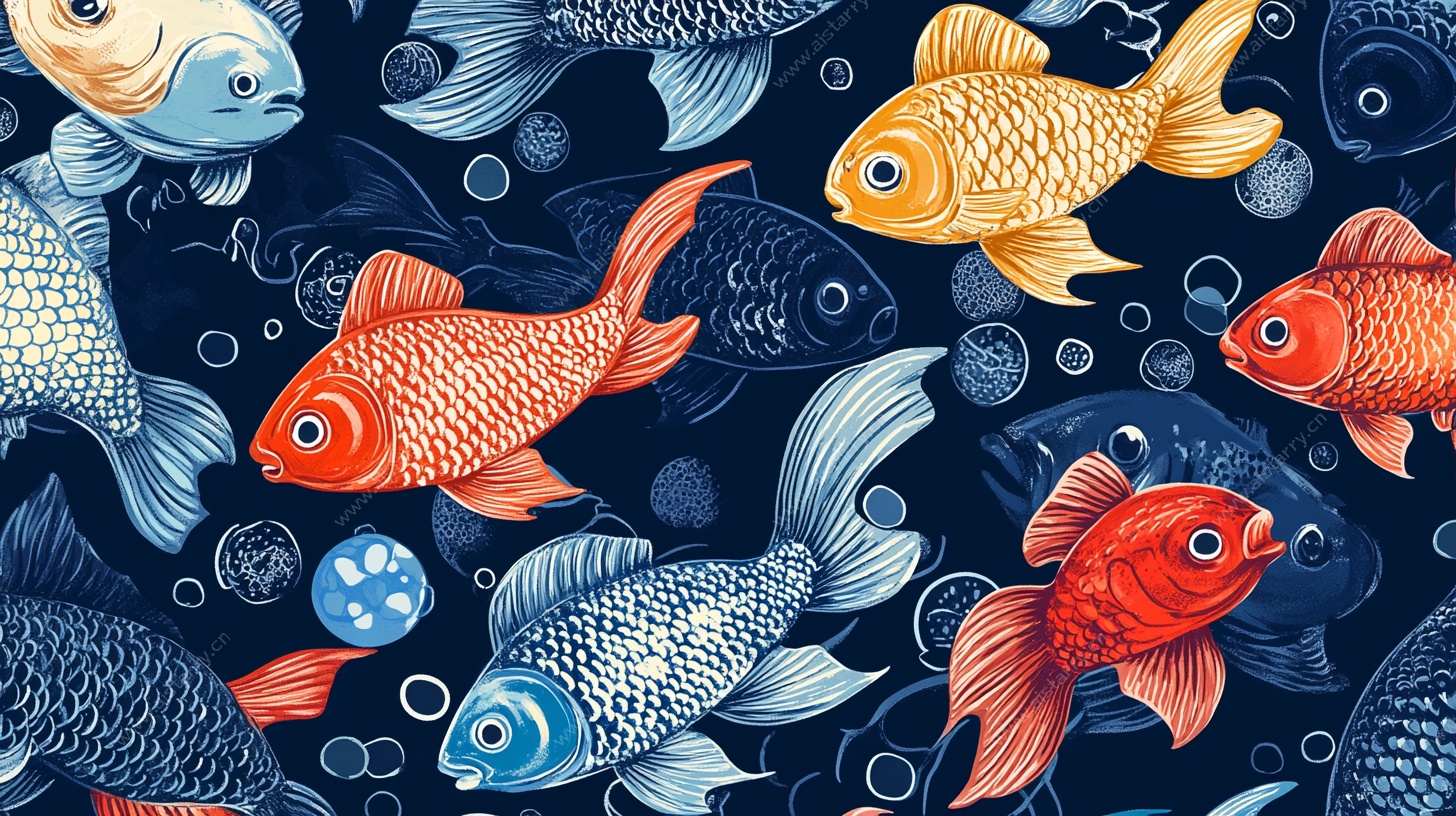 多彩金鱼在深蓝中游弋