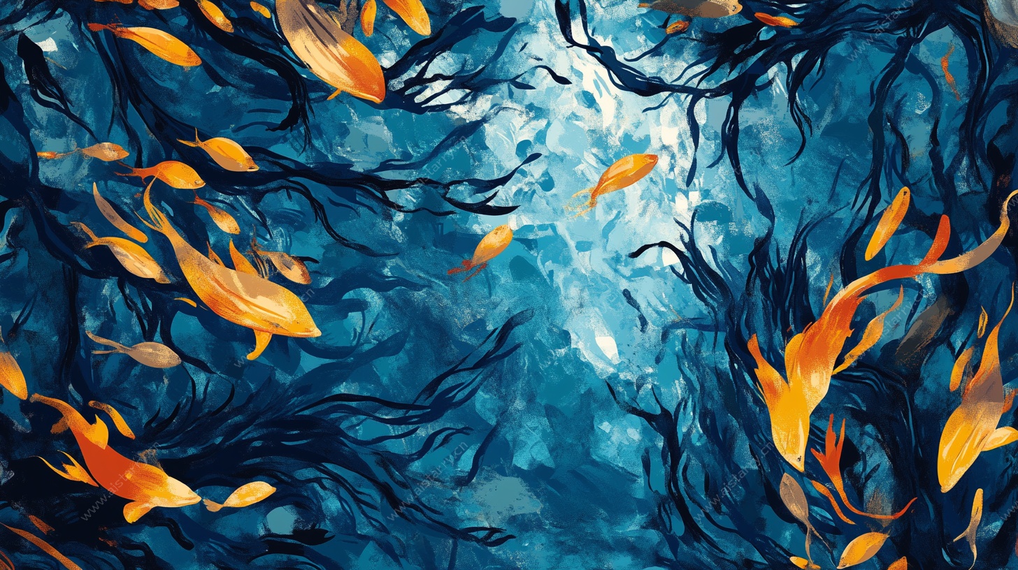 梦幻金鱼在幽蓝水草间游弋