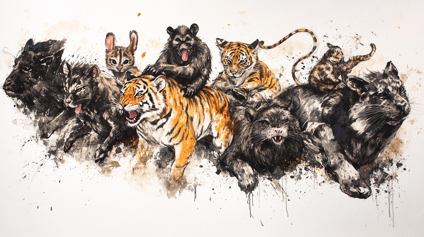 群兽奔腾水墨画