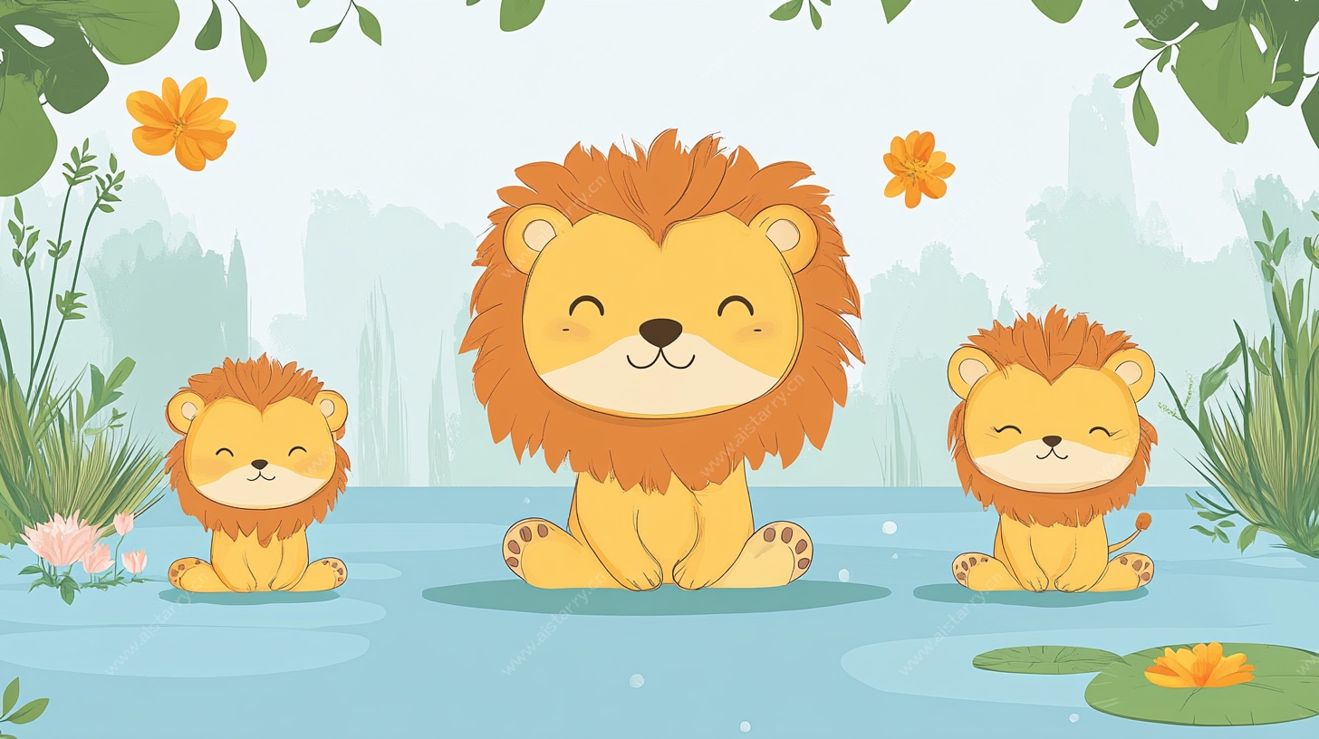 三只狮子的温馨自然场景