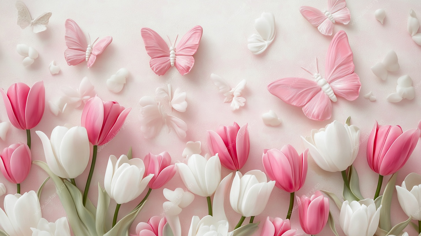 梦幻粉蝶伴郁金香图