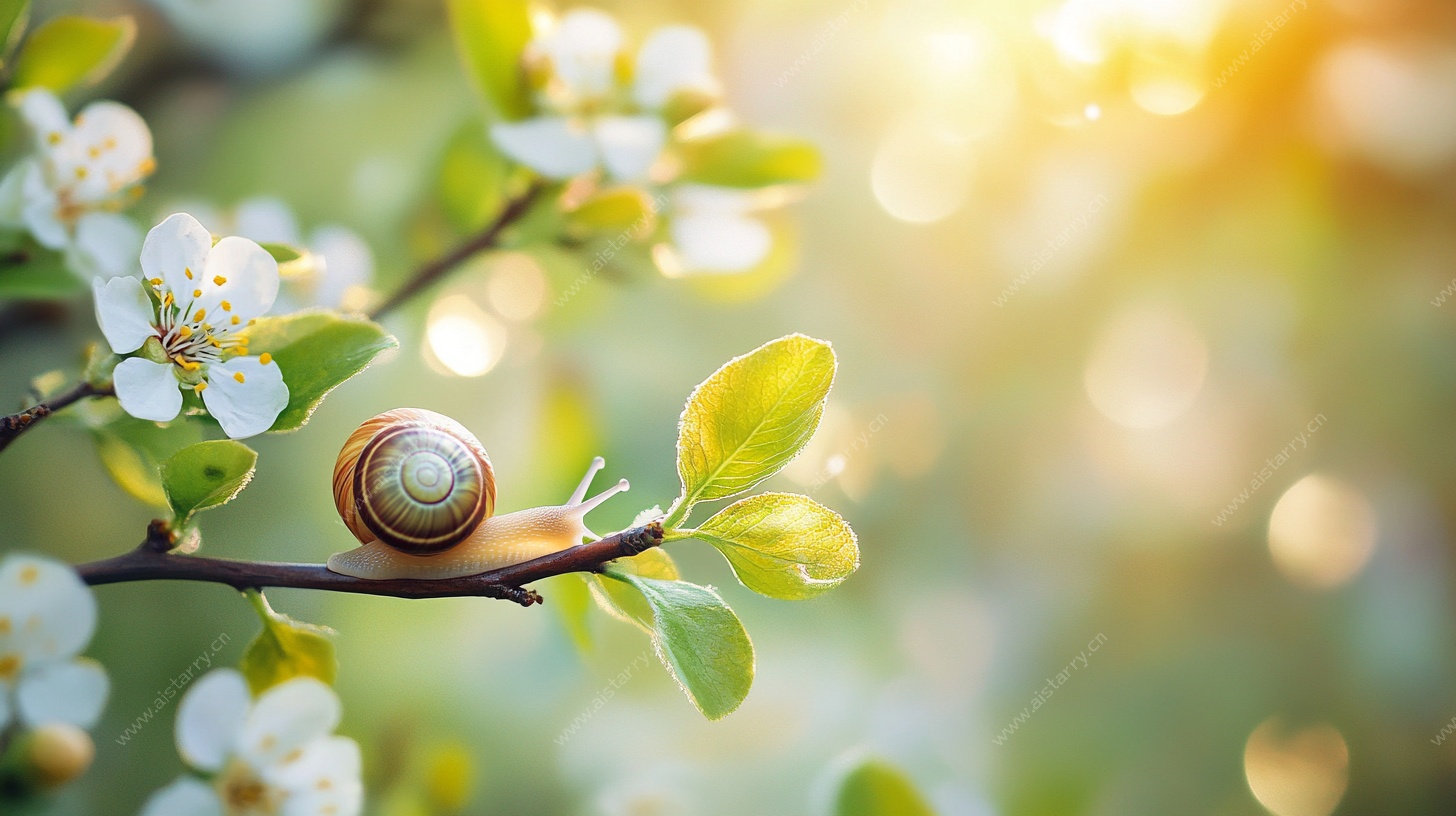 春日蜗牛栖于繁花枝头