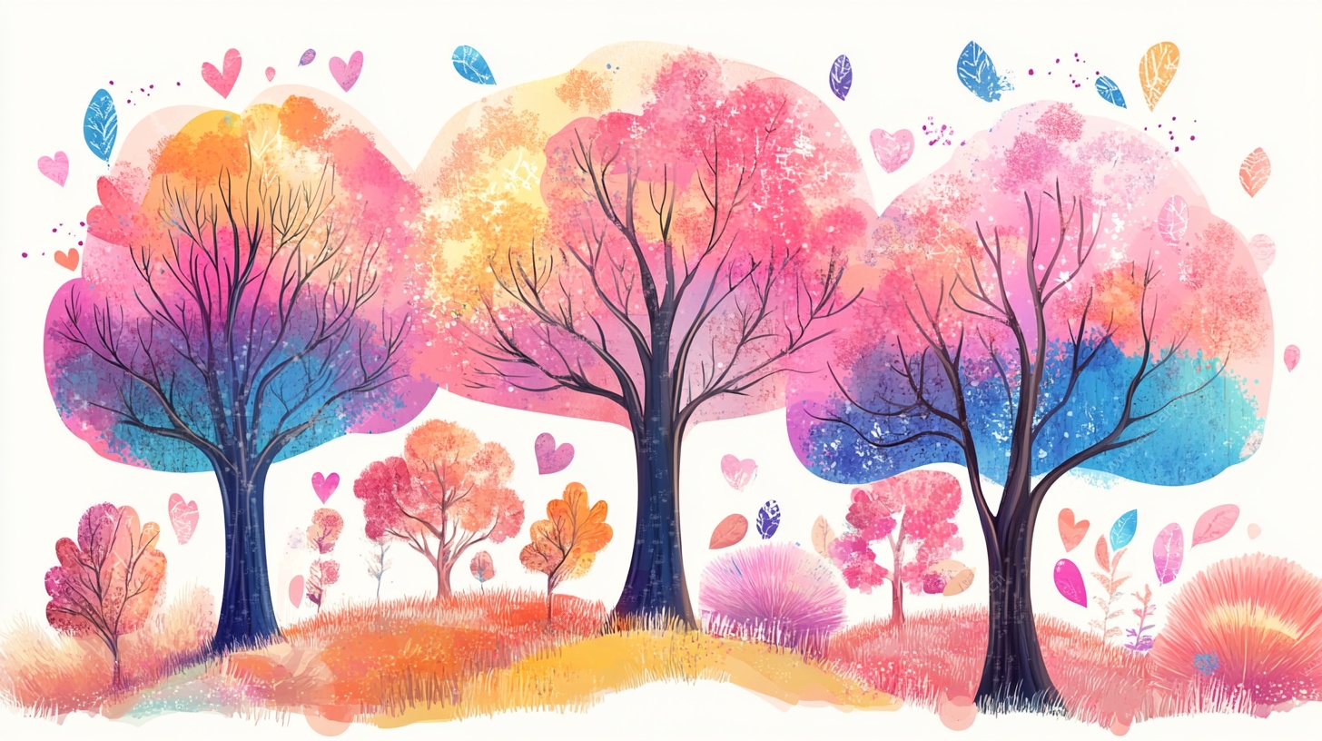 梦幻水彩爱心树林风景