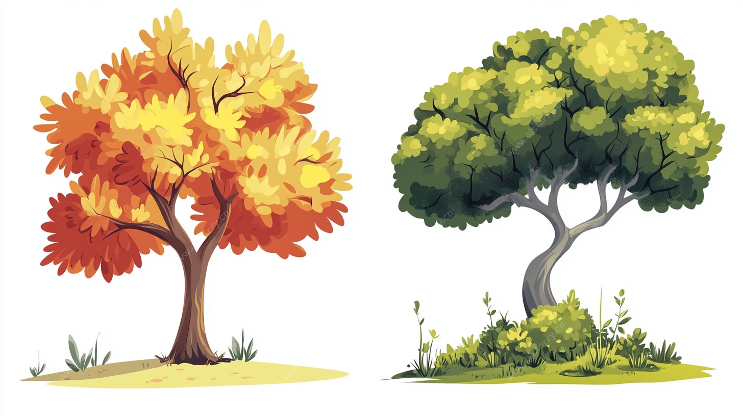 两棵风格各异的季节树木