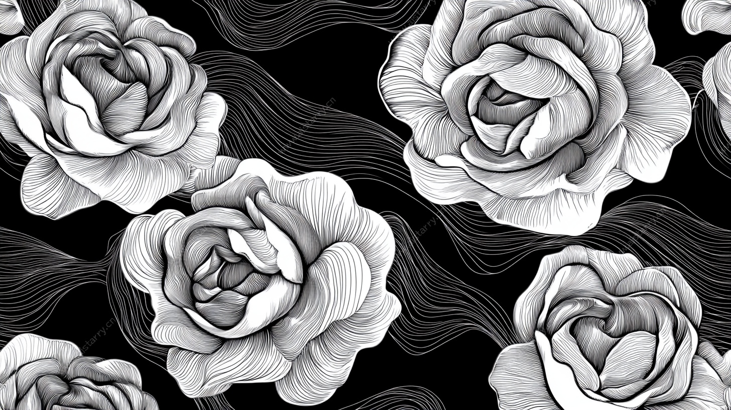 黑白玫瑰线条图案