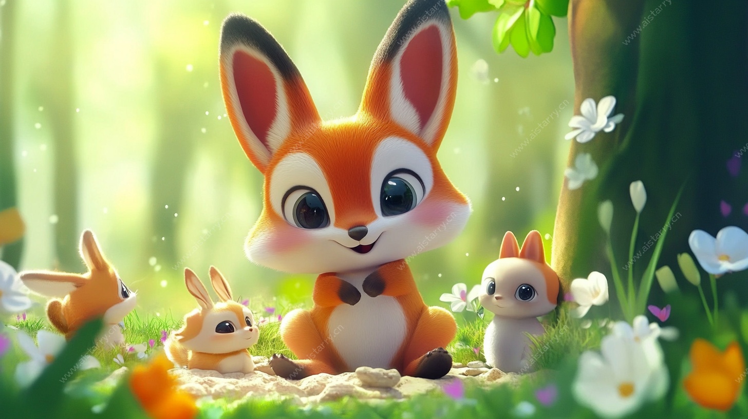 森林中的可爱狐兔一家